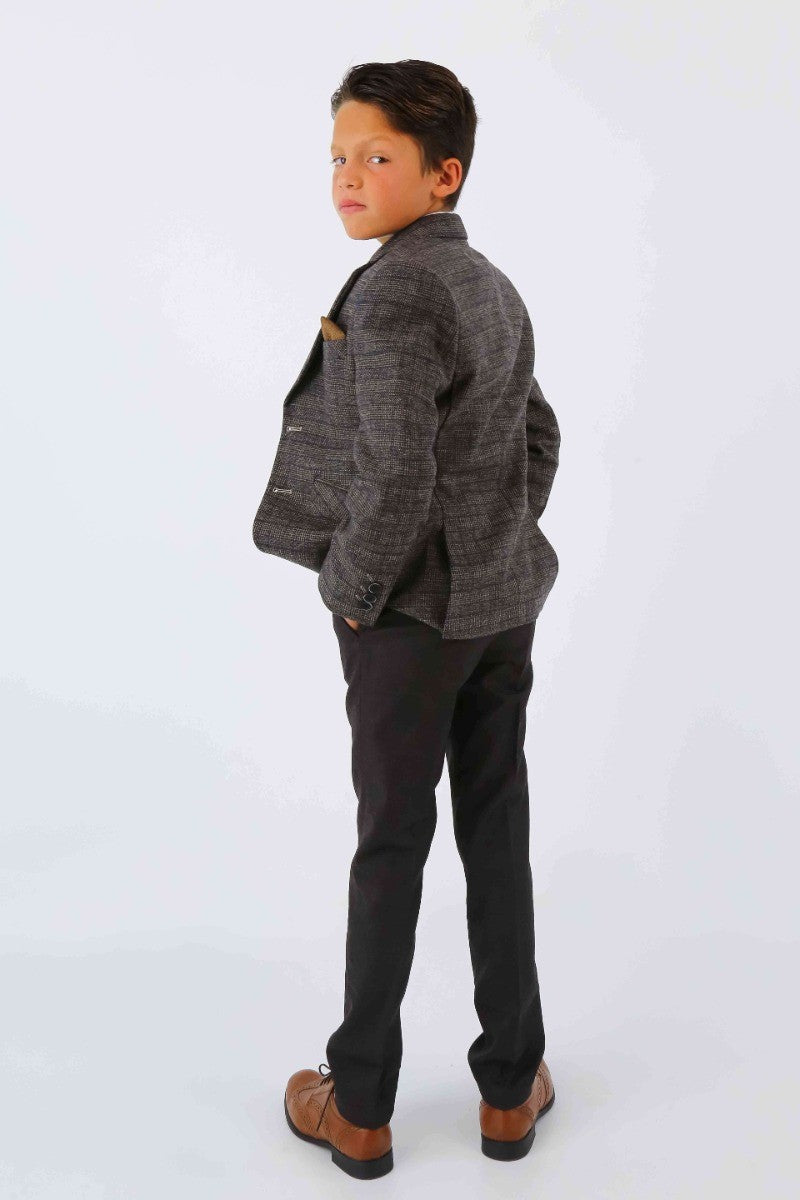 Boys Tweed Herringbone Blazer and Waistcoat Suit Set - Dark Brown