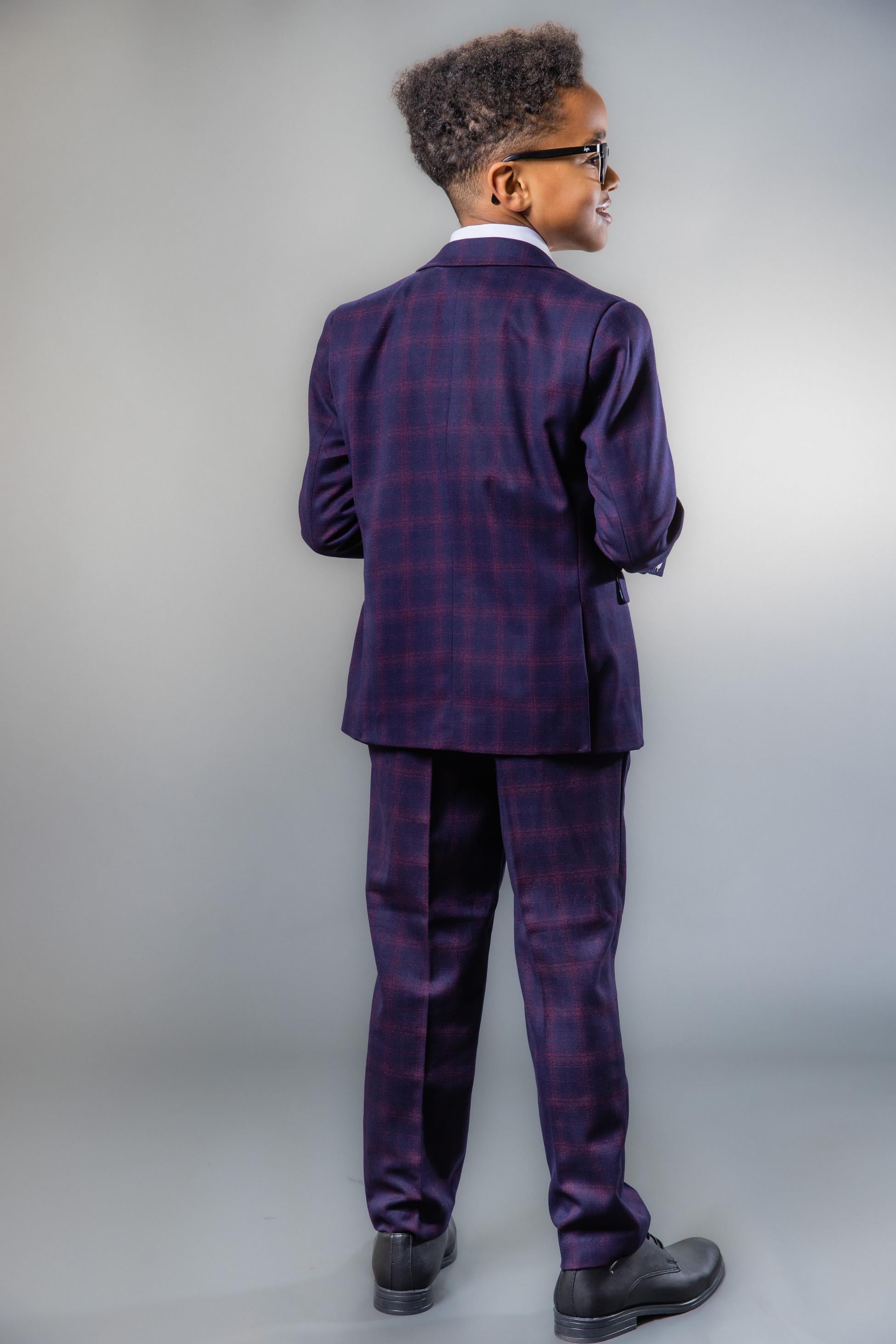 Boys Retro Check Tailored Fit Navy Suit - Navy Blue and Burgundy