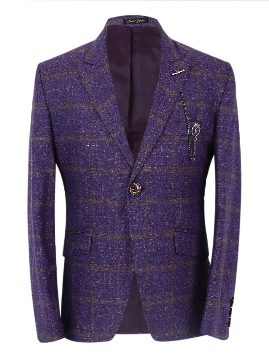 Boys Windowpane Check Slim Fit Suit Set - Dark Purple