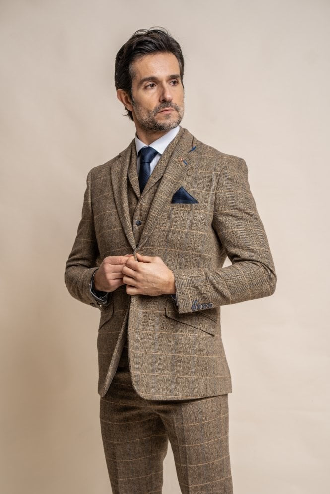 Men's Wool Blend Herringbone Check Suit - Albert - Brown