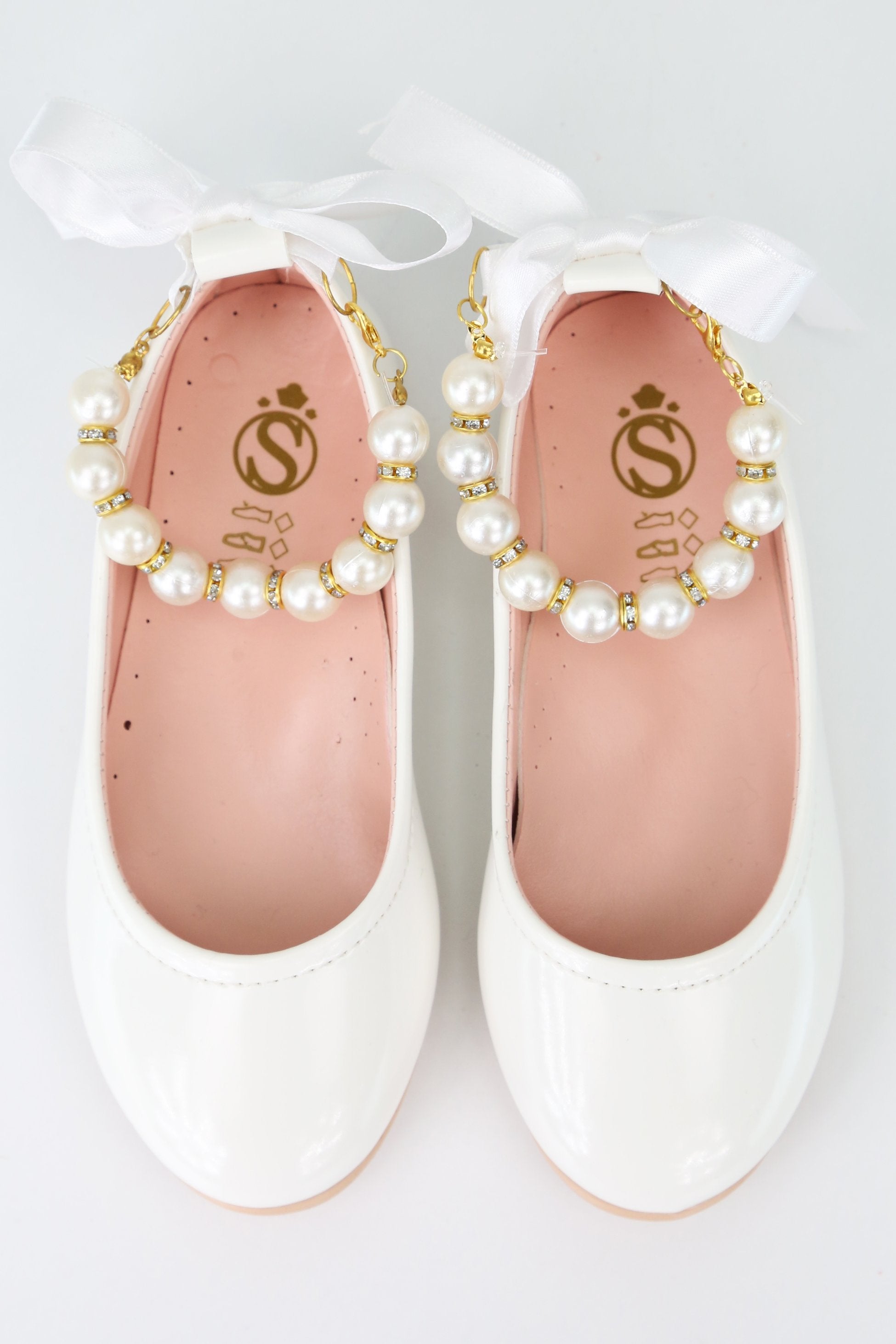 Girls Pearls & Ribbon Slip on Patent Mary Jane Shoes - TEAN - White