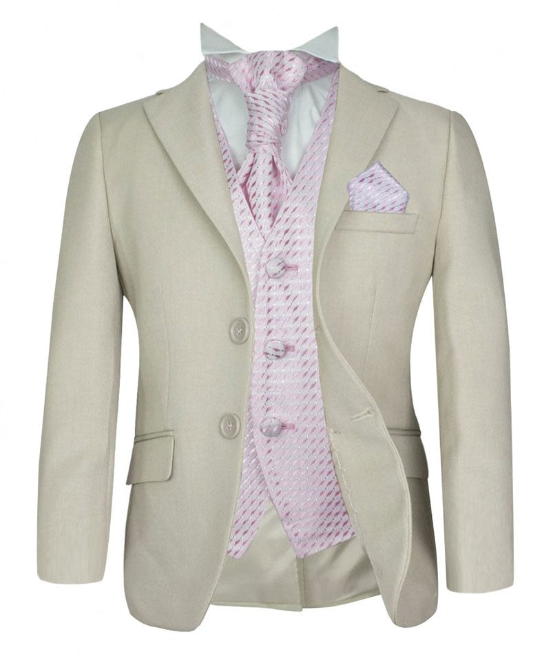 Boys Beige Suit with Patterned Waistcoat and Cravat Set - Beige - Pink