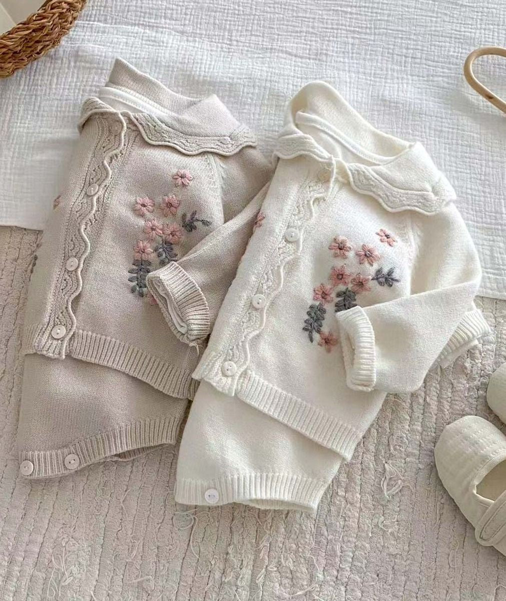 Baby Girls’ Knit Suspender Romper & Embroidered Cardigan Set - 2421 - Sand Beige