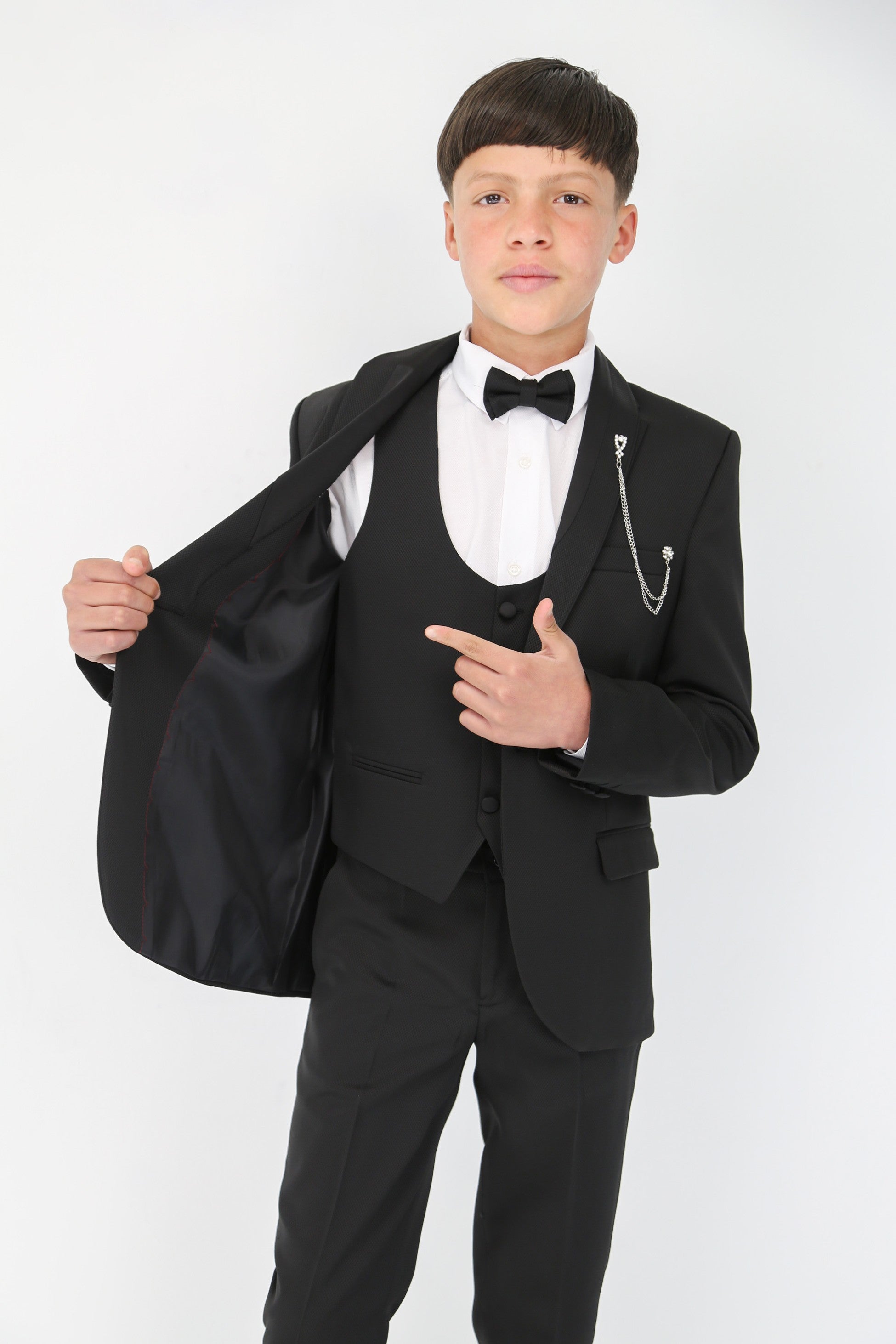 Boys' Satin Shawl Lapel Self-Patterned Tuxedo Suit, 6-Piece Set - Black