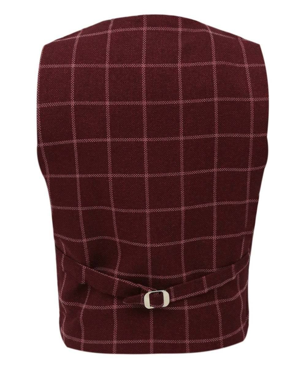 Boys Tweed Check Cotton Waistcoat Set - Maroon - Burgundy