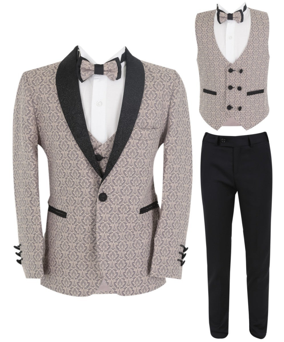 Boys Slim Fit Patterned Tuxedo Suit - BENJAMIN - Rosy Beige