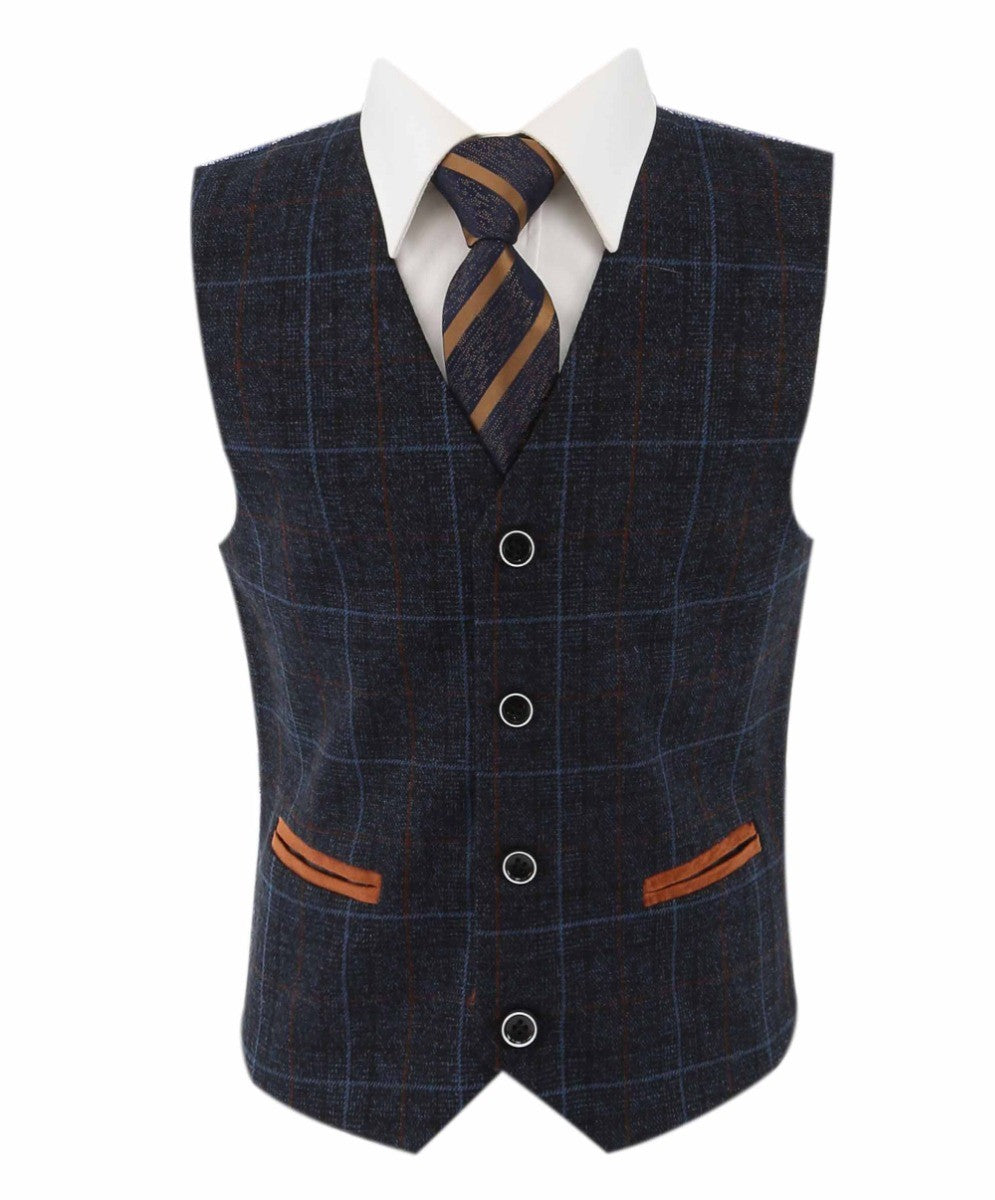 Boys Tailored Fit Retro Check Suit - ANTHONY NAVY - Navy Blue