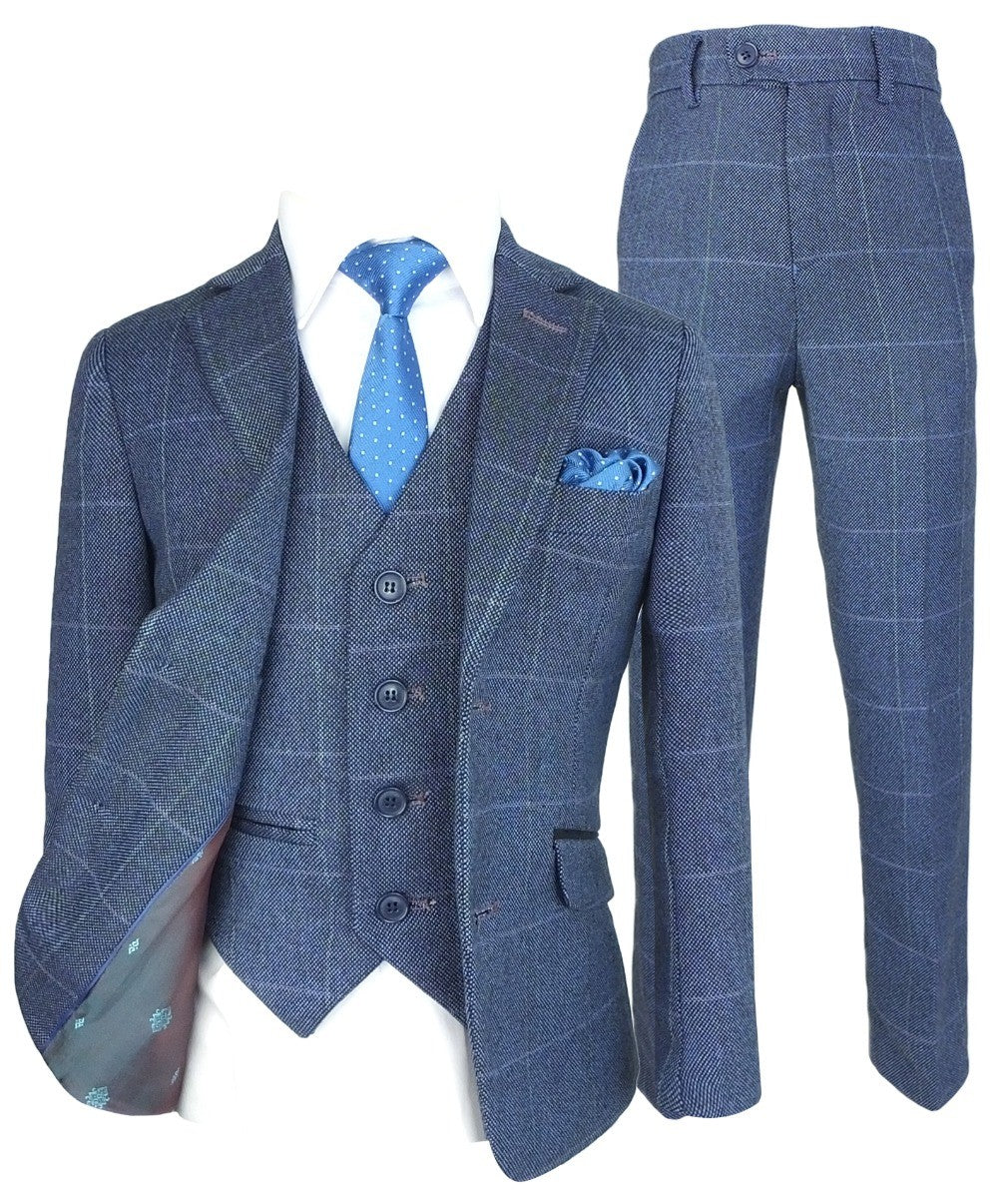 Boys Exclusive Check Tweed Blue Suit - Blue