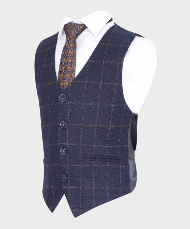 Boys Tailored Fit Tweed Check Navy Suit - SHELBY - Navy Blue