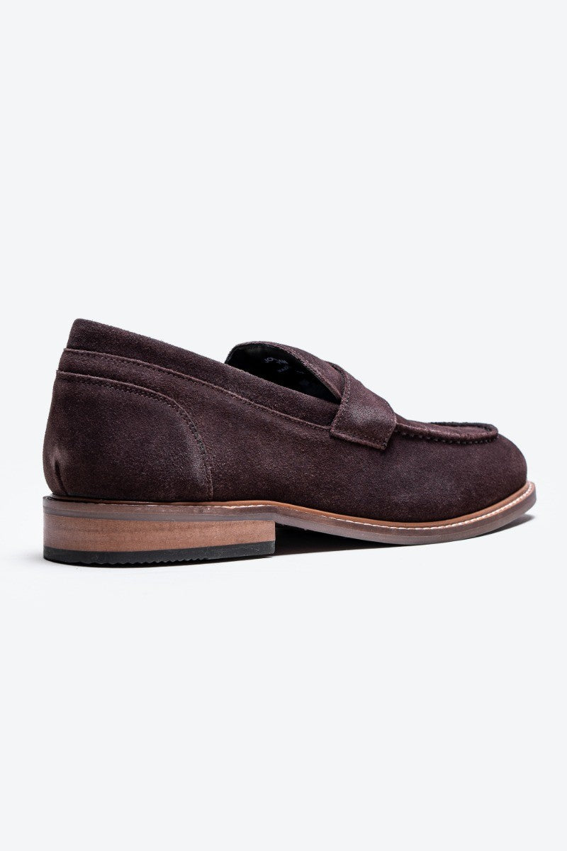 Men's Stacked Heel Suede Penny Loafer - JORDAN - Brown