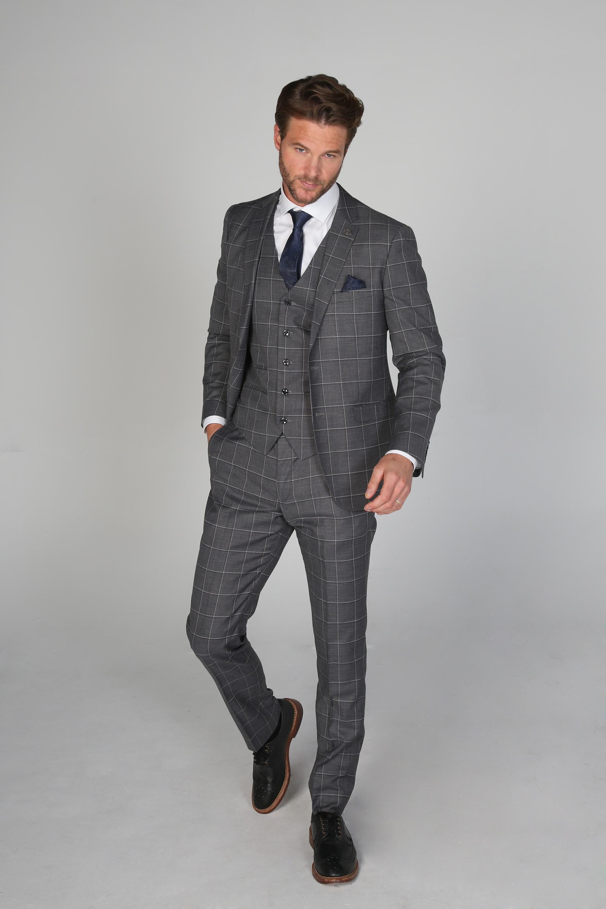 Men's Windowpane Check Tailored Fit Formal Suit - HOBBS - Grey