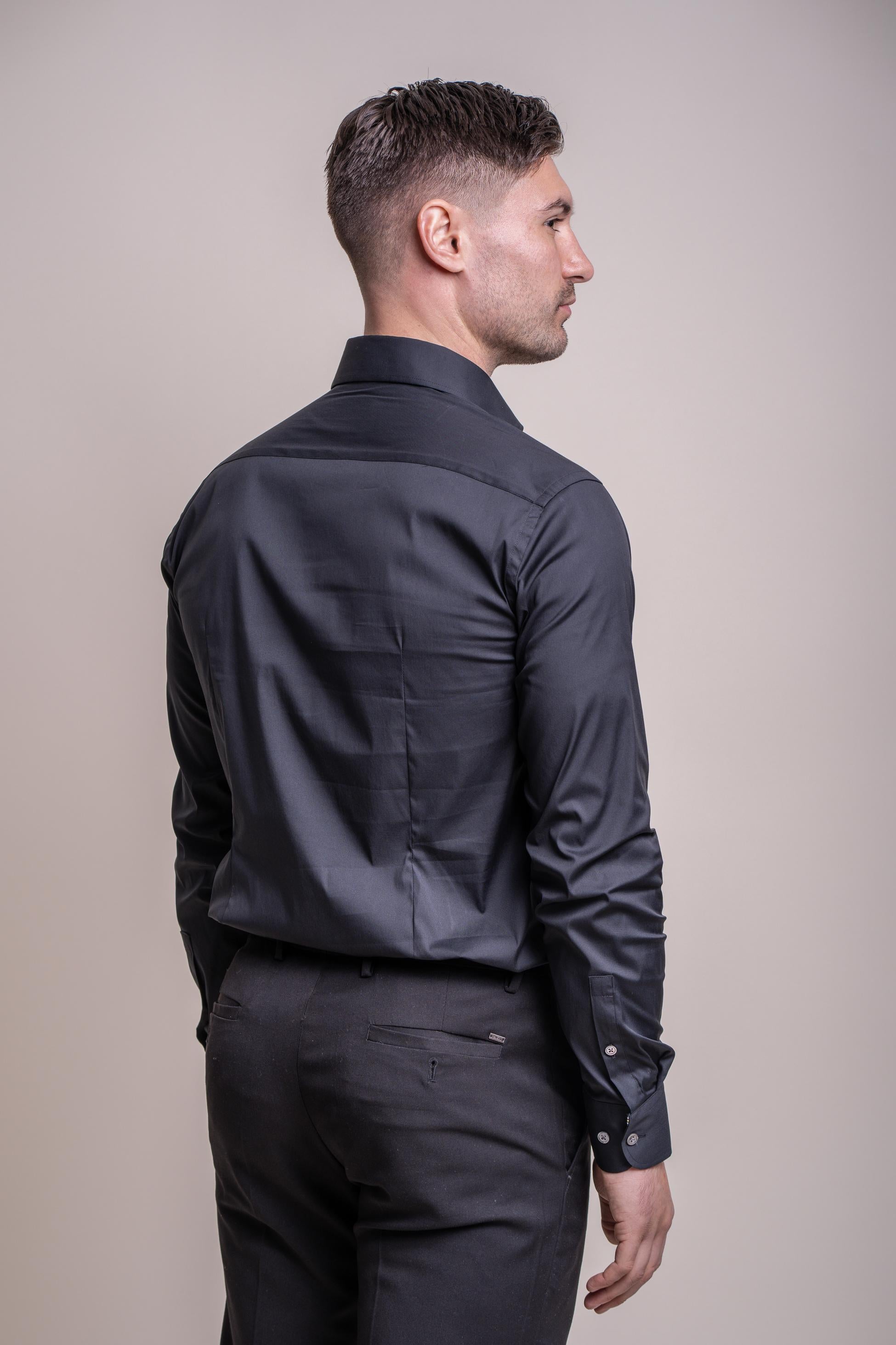 Men's Cotton Blend Slim Fit Dress Shirt - MONACO - Black