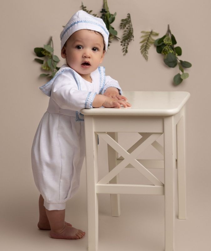 Baby Boys White Christening Romper with Hat - William - White