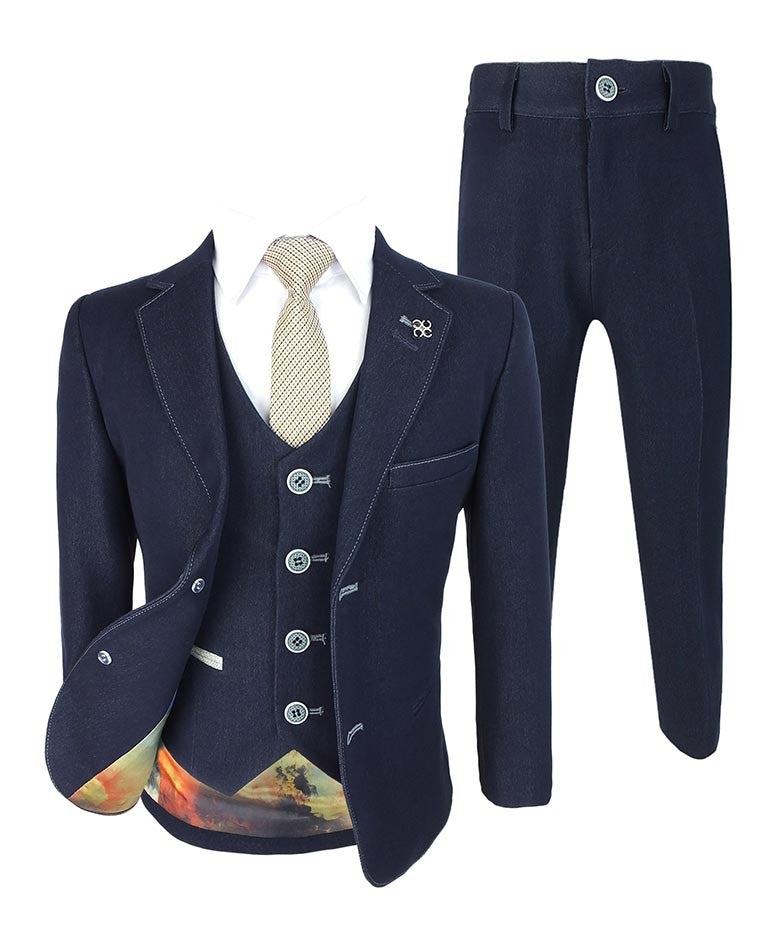 Boys Denim Look Navy Slim Fit Suit - FABIAN - Navy Blue