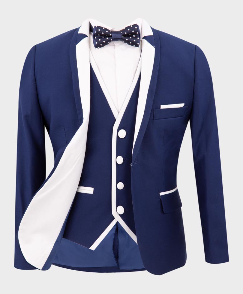 Boys Exclusive Piping Tuxedo Suit - Dark Blue - White