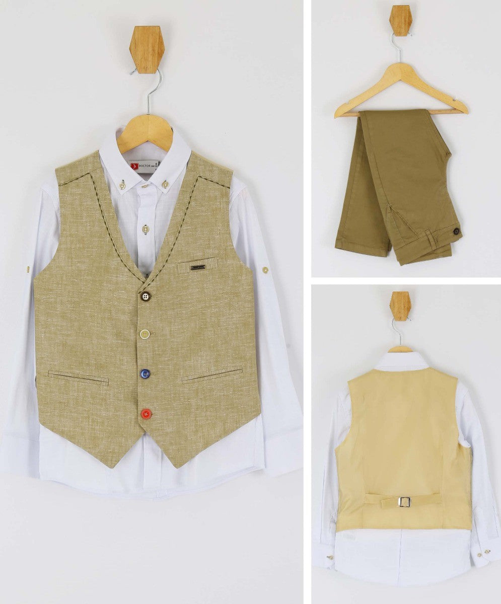 Boys Linen Single Breasted Waistcoat Suit Set - Khaki Green