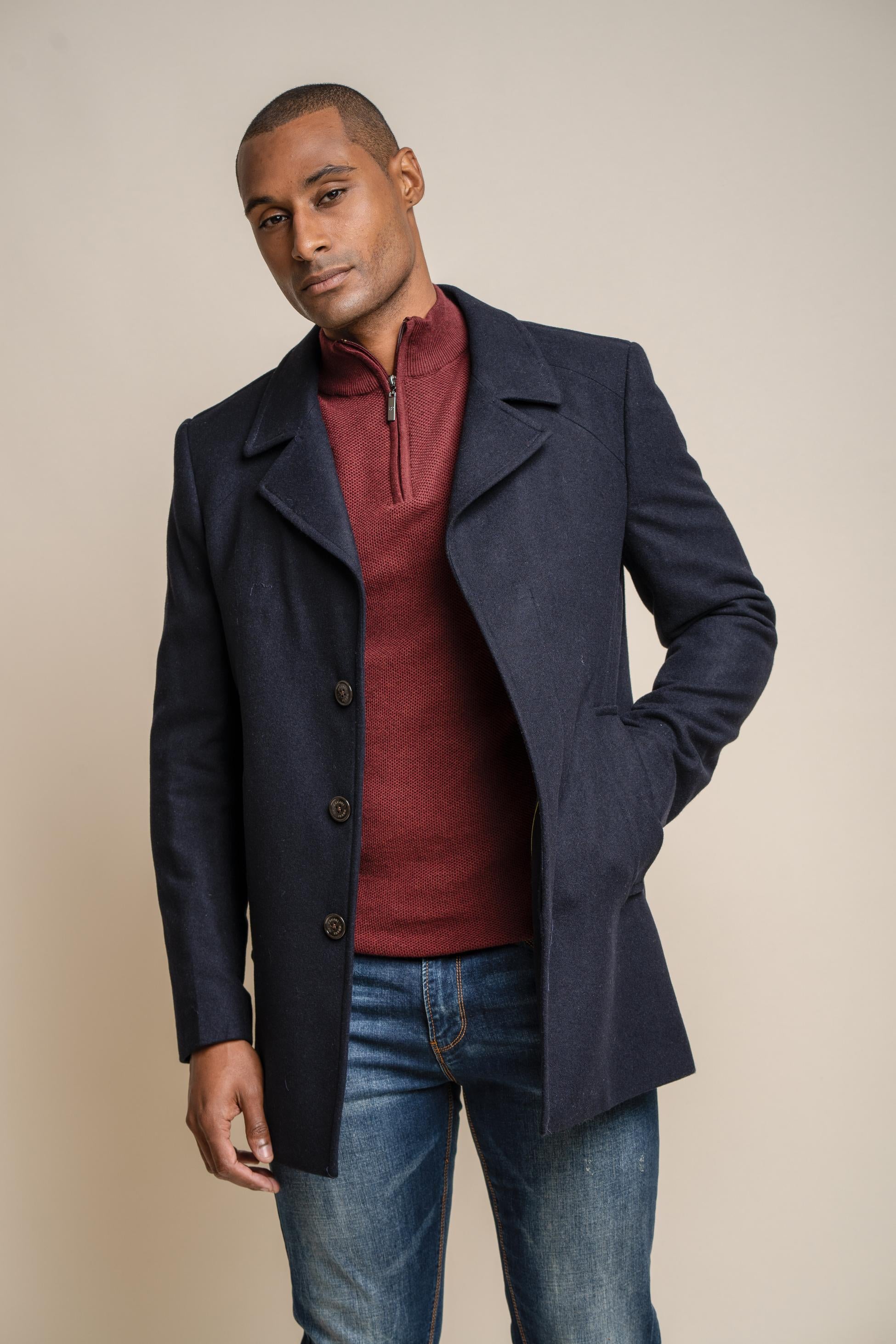 Men's Wool Blend Mid-length Coat - NELSON - Navy Blue