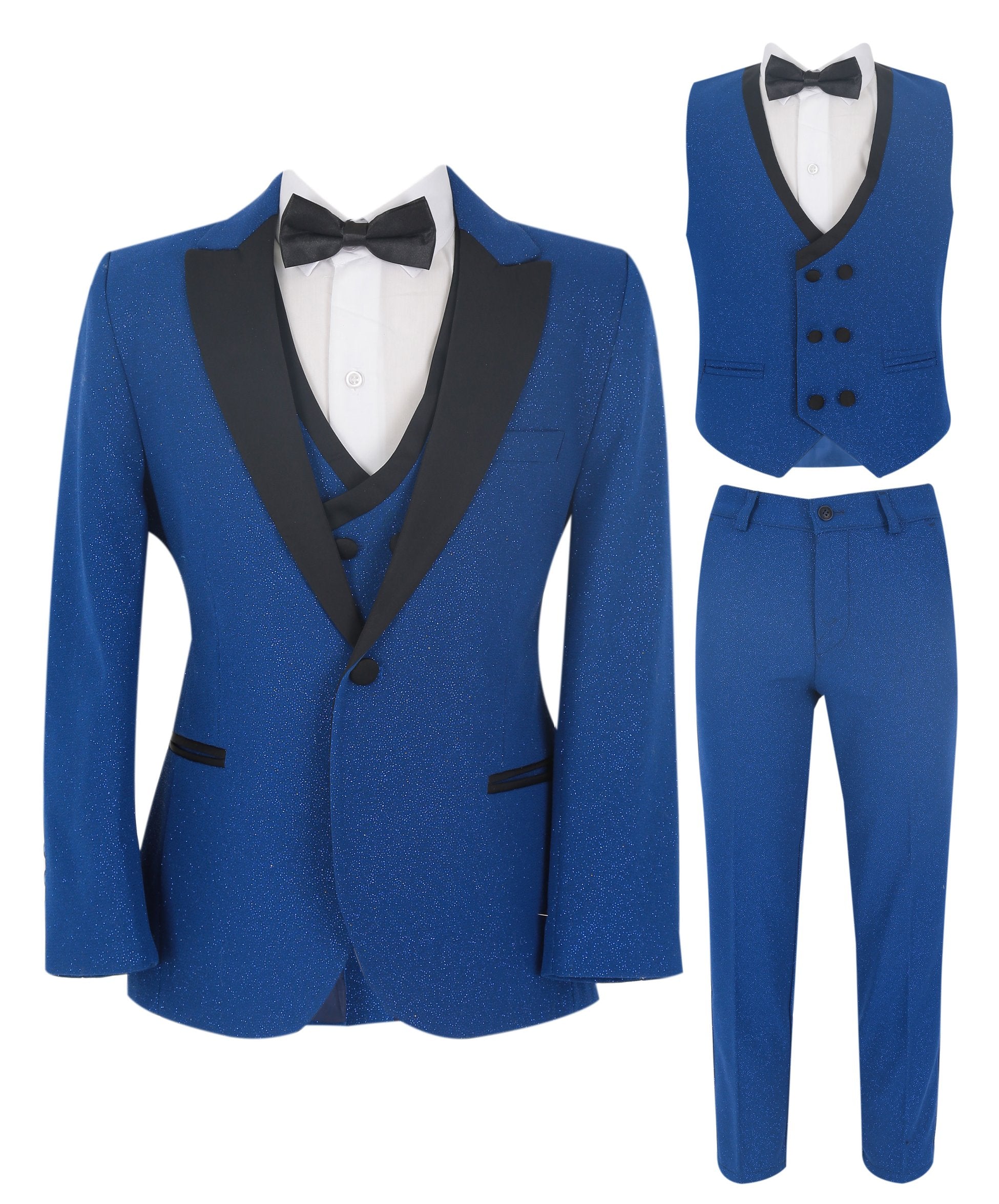 Boys Glittery Slim Fit Tuxedo Dinner Suit - Blue