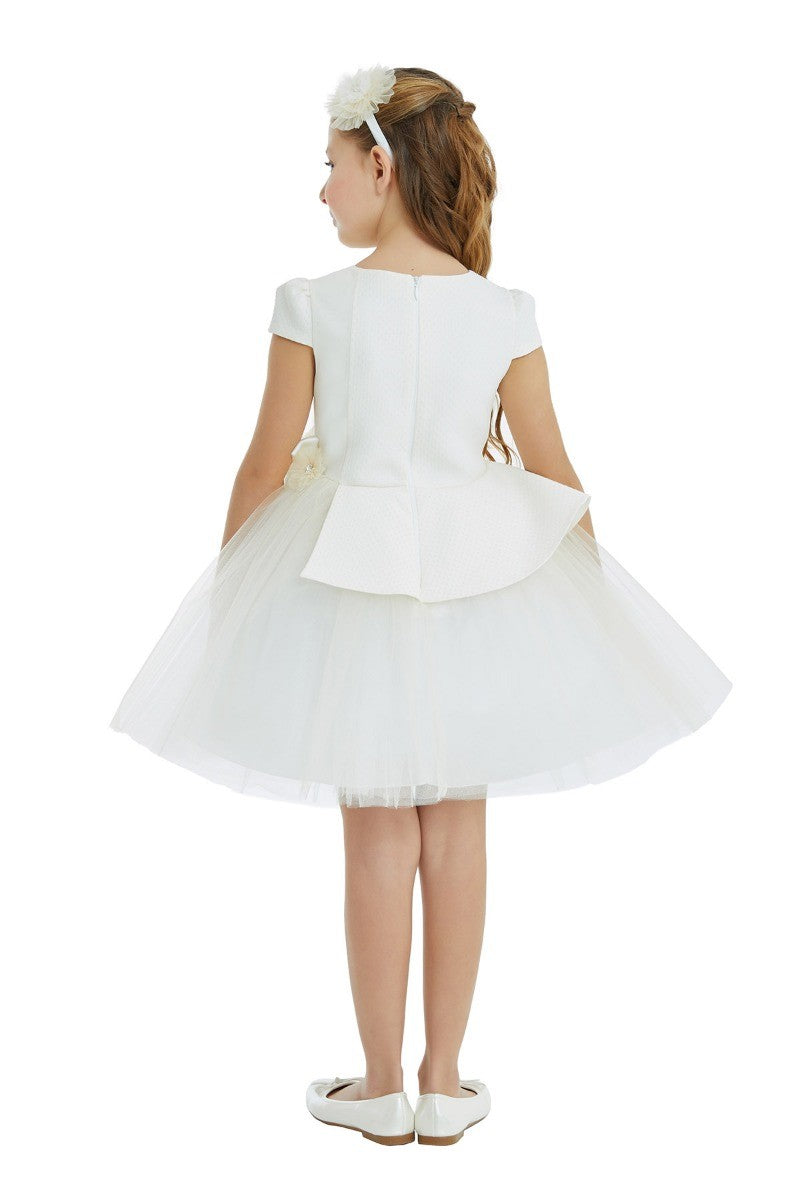 Girls Peplum Short Sleeve Dress - Ecru