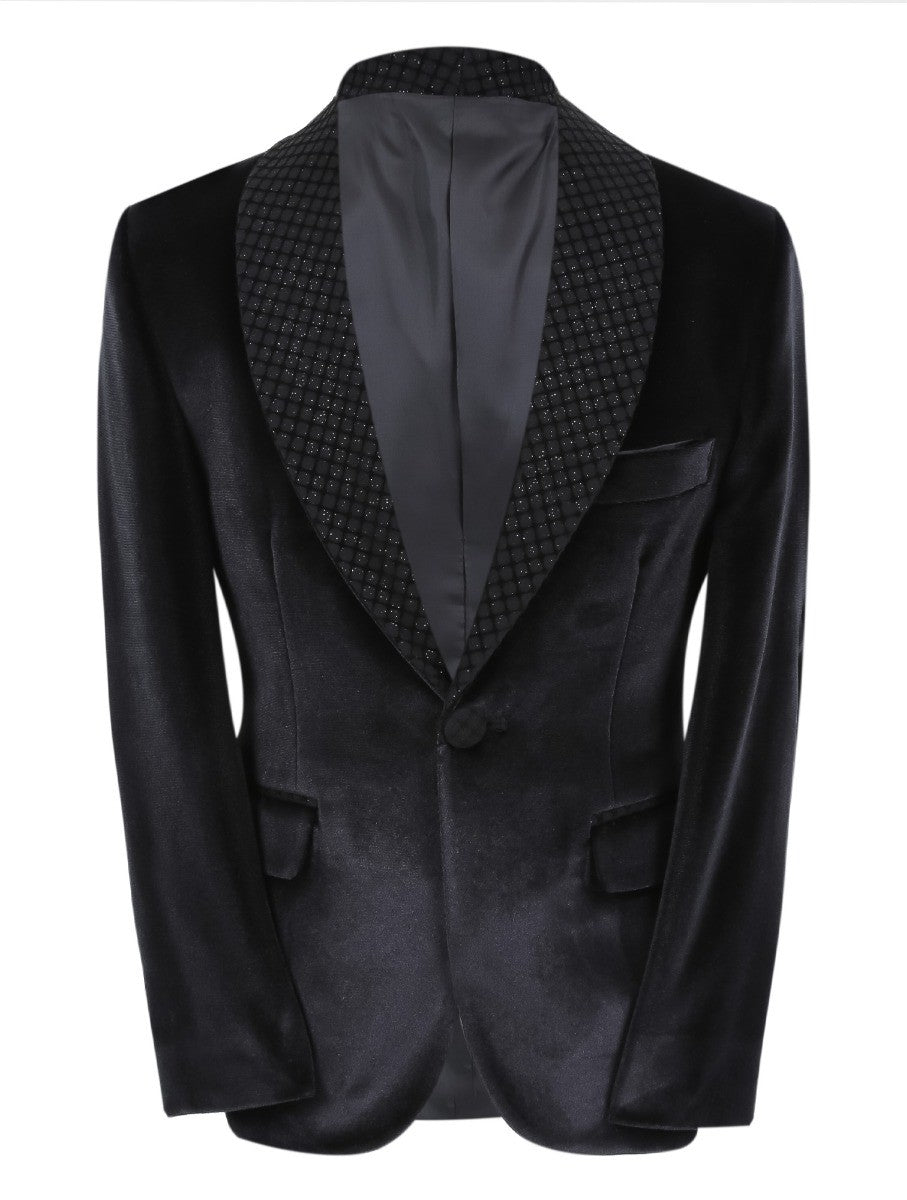 Boys Velvet Slim Fit Tuxedo Dinner Suit - Black