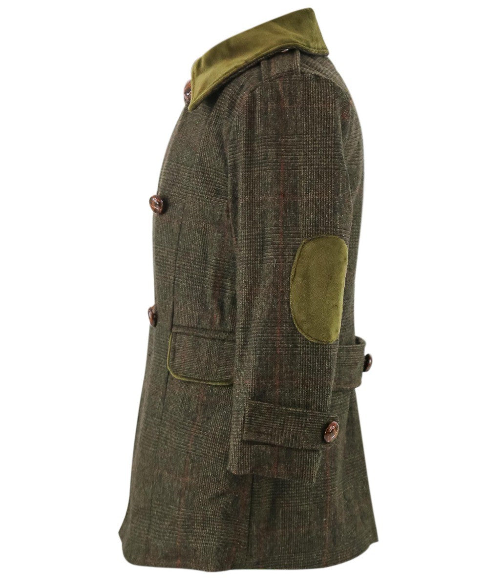 Baby Boy's Tweed Check Double Breasted Mid-Length Coat - Olive Green