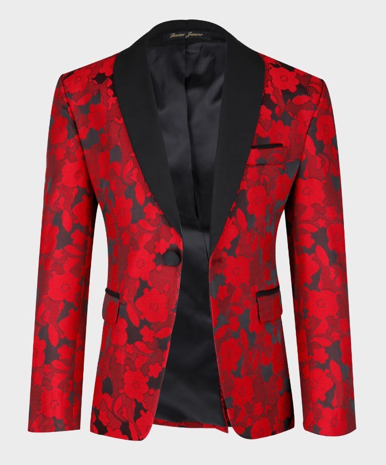 Boys Tailored Fit Floral Patterned Tuxedo Suit - Red- Black