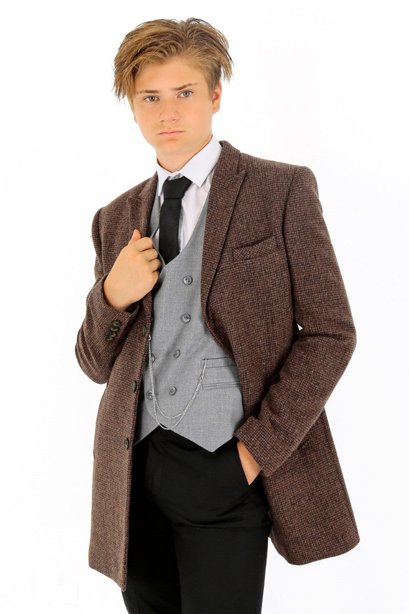 Boys Wool Tweed Patterned Midi Coat - Light Brown