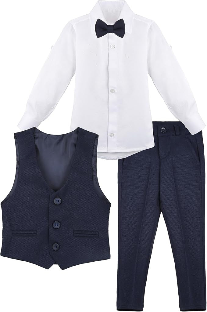 Boys' Slim Fit Textured Waistcoat Suit Set, Formal Outfit - Navy Blue