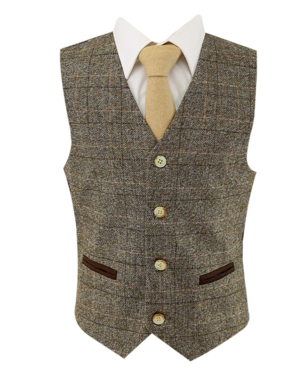 Boys Tweed Check Tailored Fit Beige Suit - LIAM - Beige