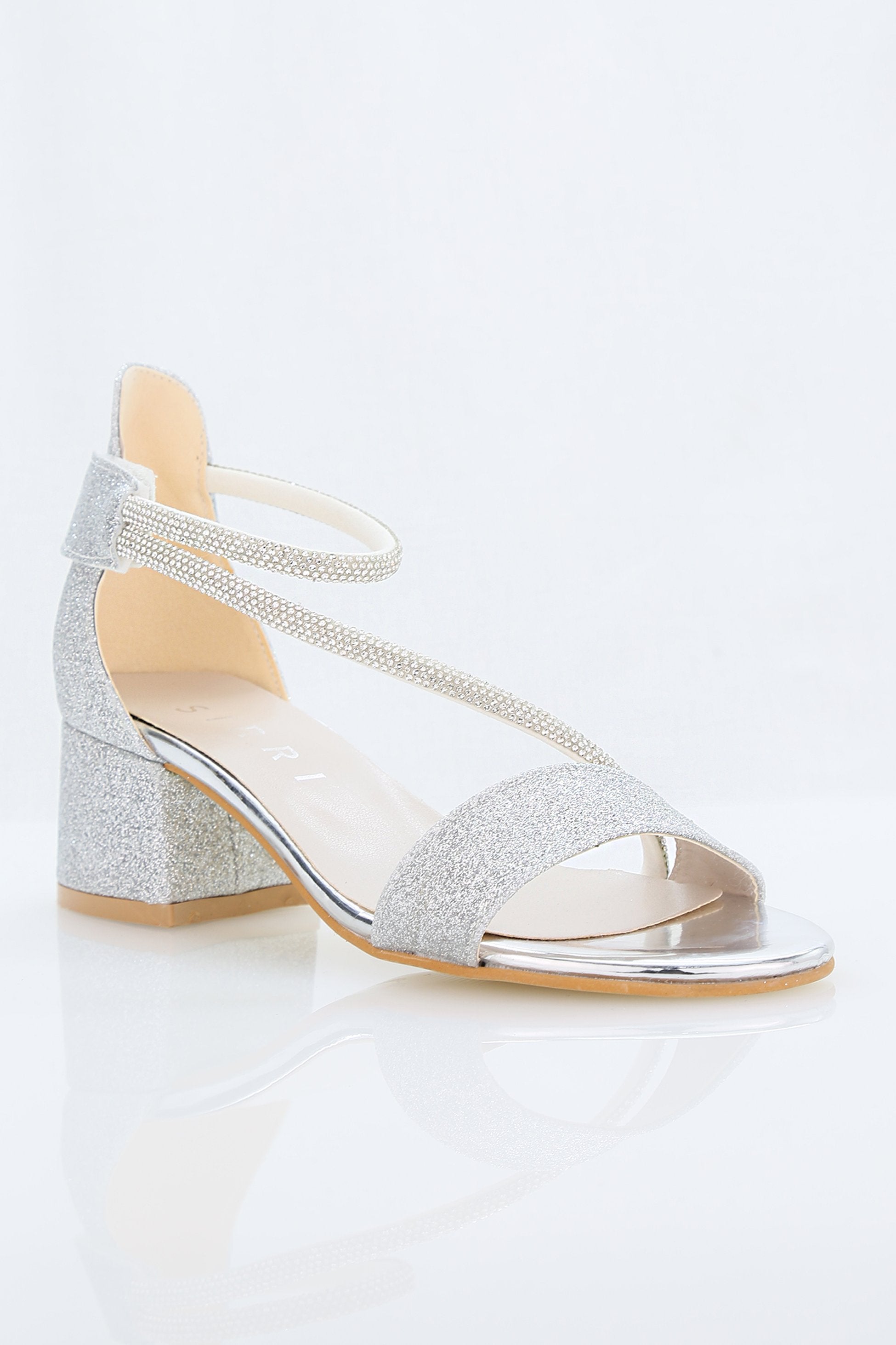 Girls Block Heel Sandals with Rhinestone Crossover Straps - DAZZLE - Silver