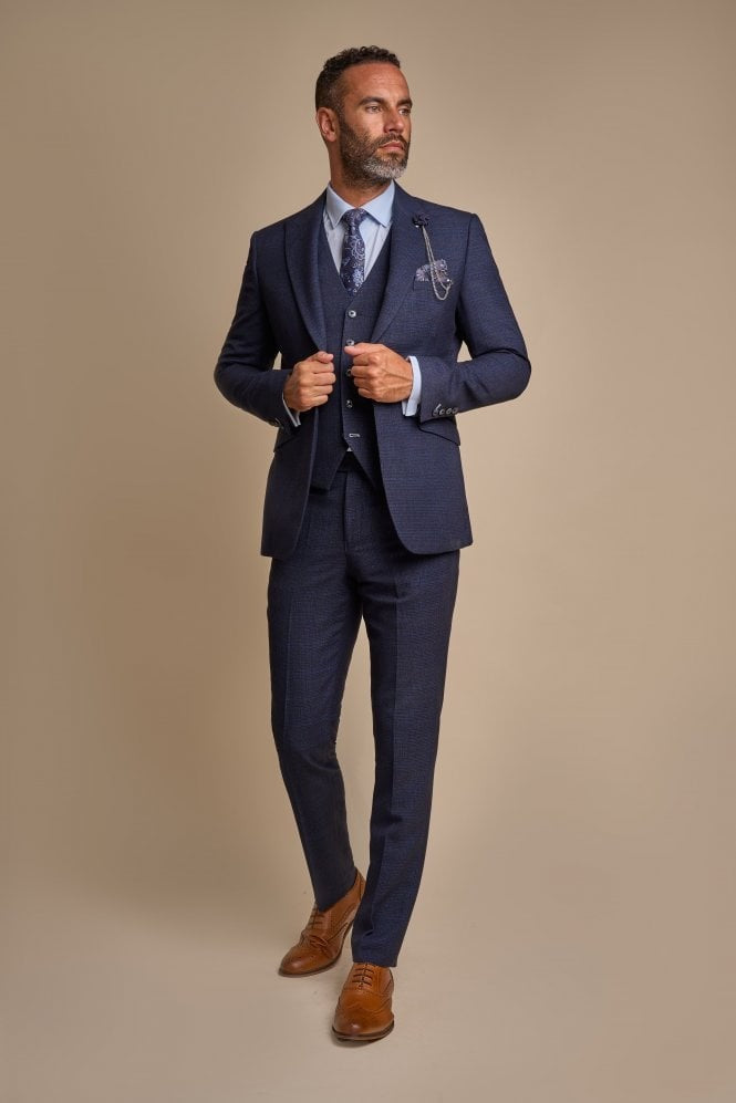 Men's Tweed Houndstooth Check Slim Fit Suit - CARIDI - Navy Blue