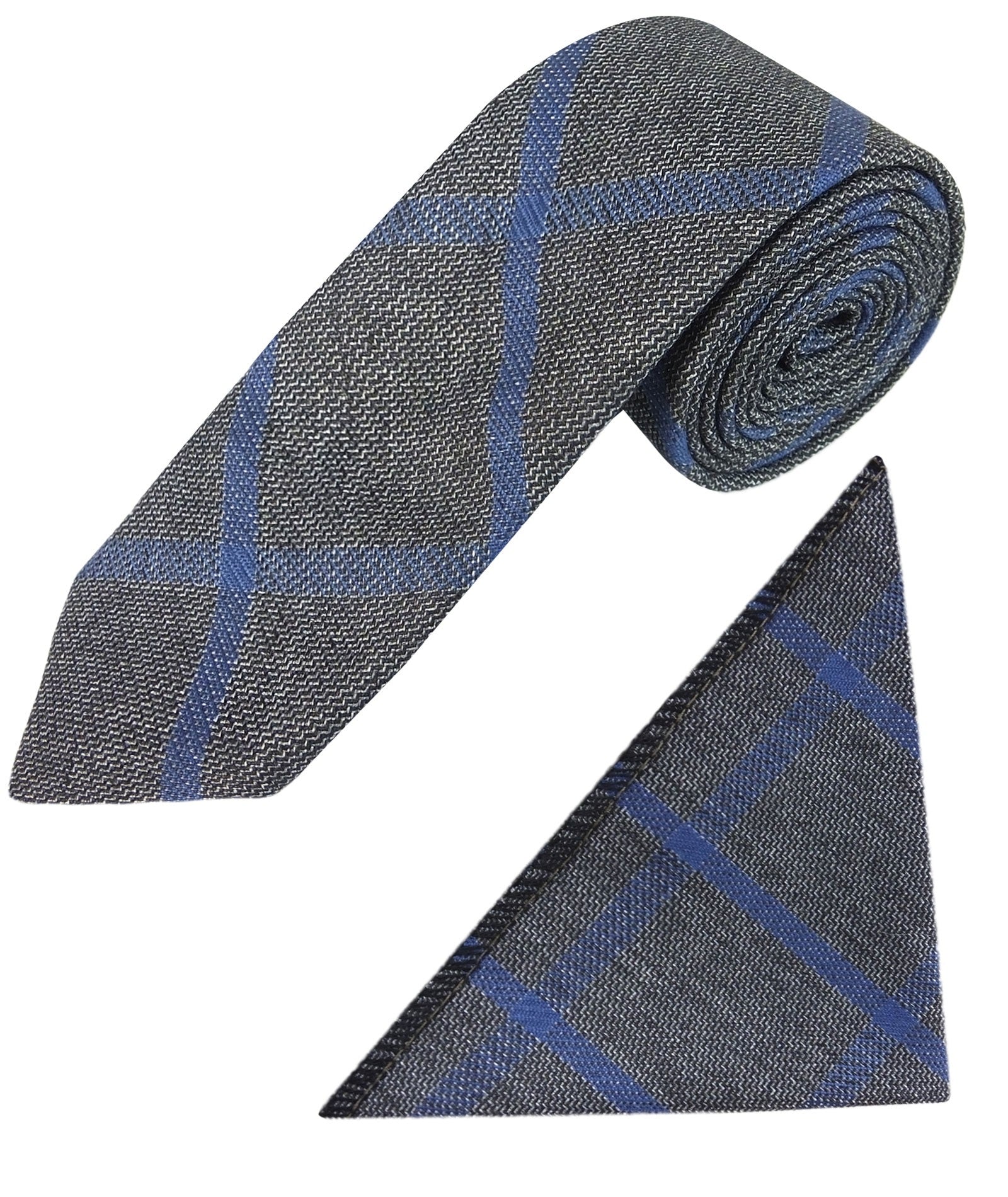 Boys Slim Check Tweed Tie and Hanky Set - Grey - Blue