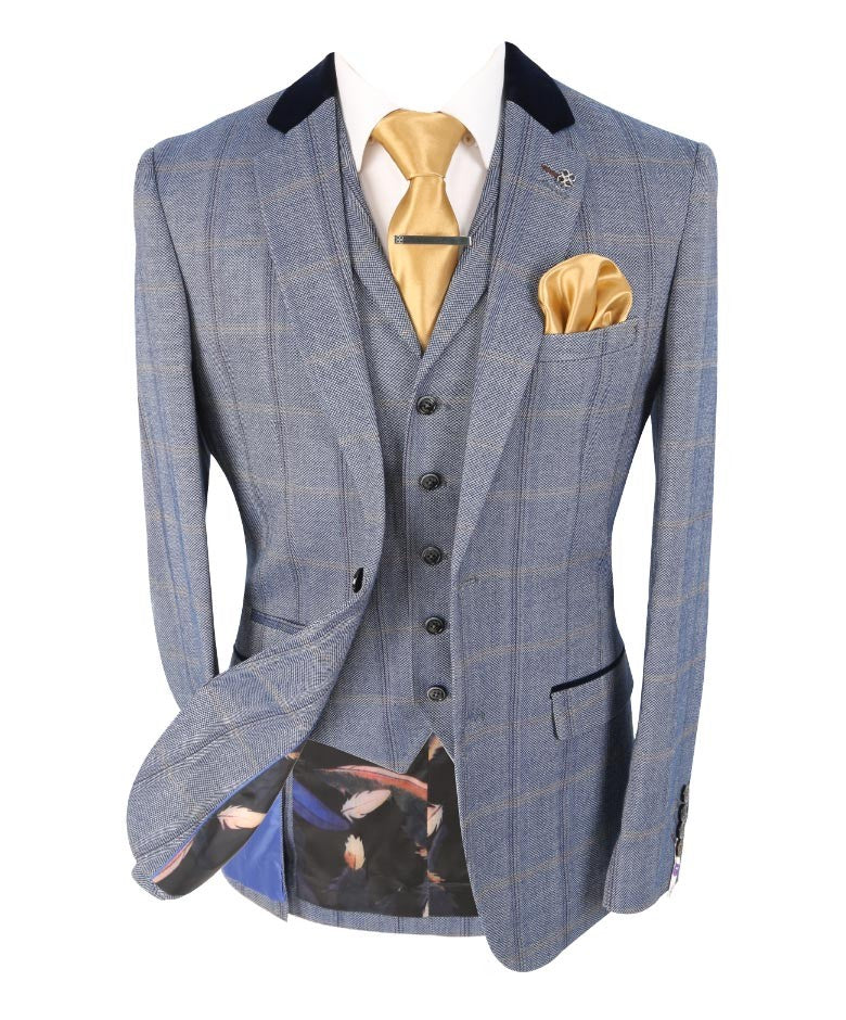 Men's Slim Fit Tweed Check Blue Suit - CONNALL - Blue