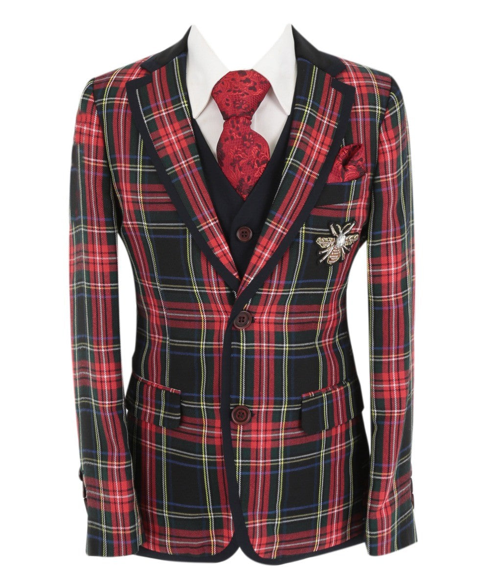 Boys Stewart Tartan Check Fashion Suit - Black and Red