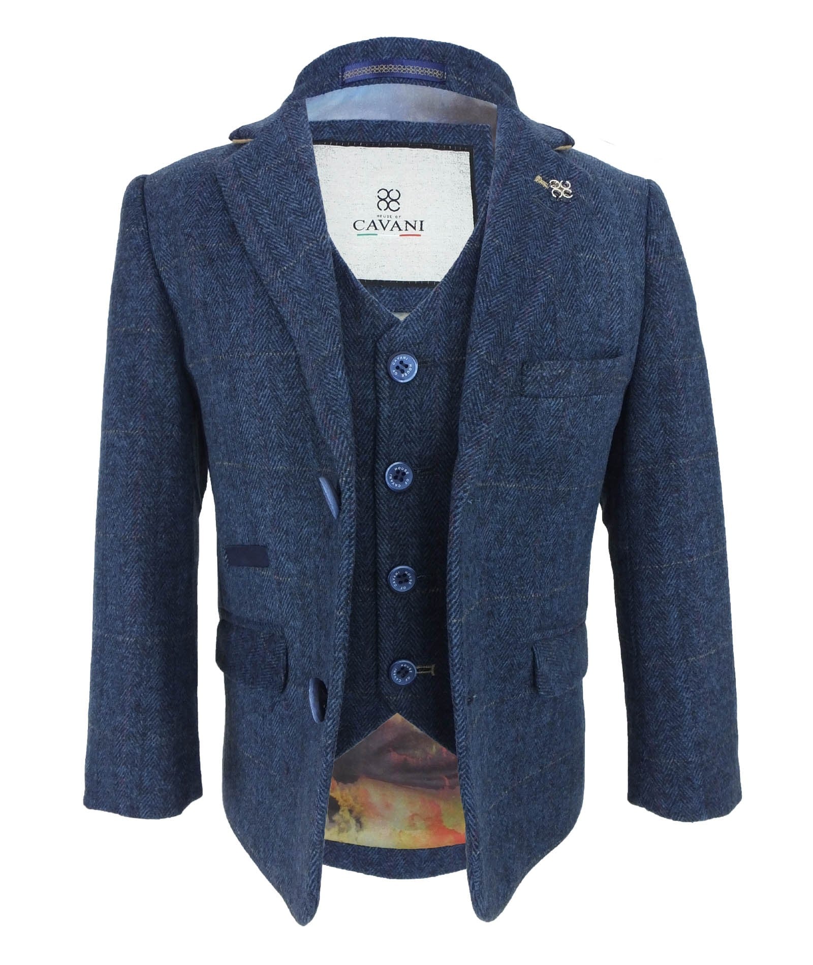 Boys Slim Fit Herringbone Tweed Blue Suit - CARNEGI - Navy Blue