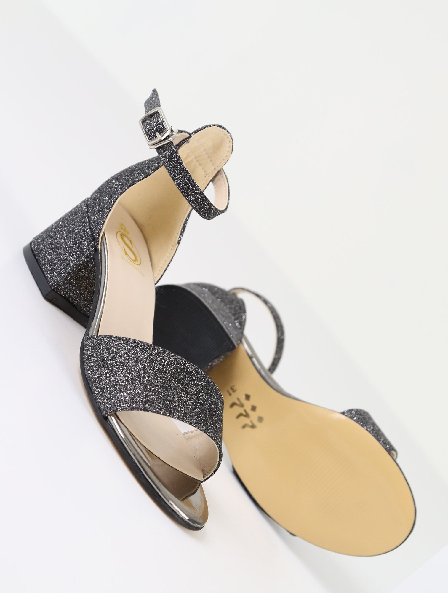 Girls Ankle-Strap Block Heel Sandals - SPARKLE - Dark Silver