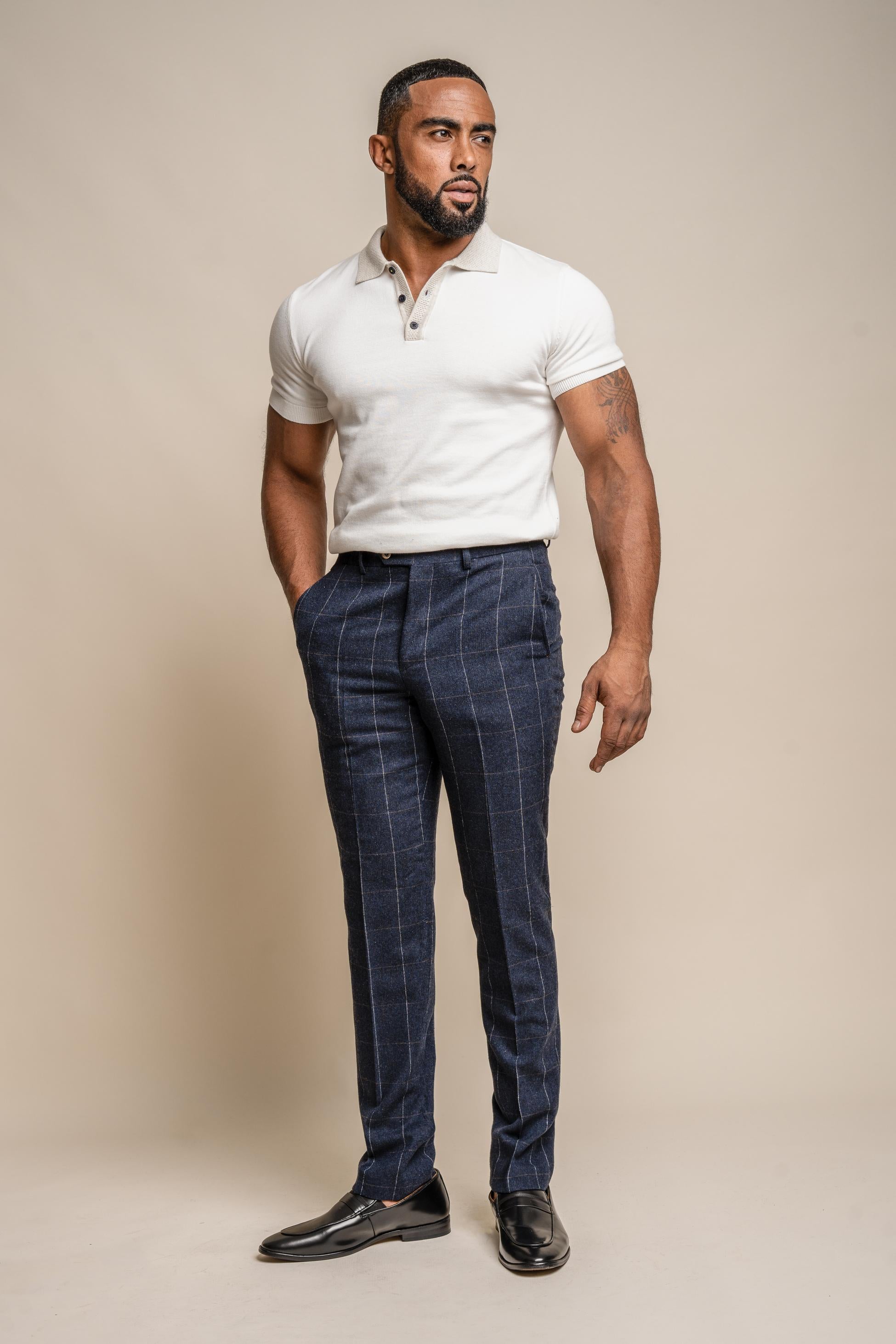 Men's Windowpane Check Wool Navy Blue Trousers - ANGELS - Navy Blue