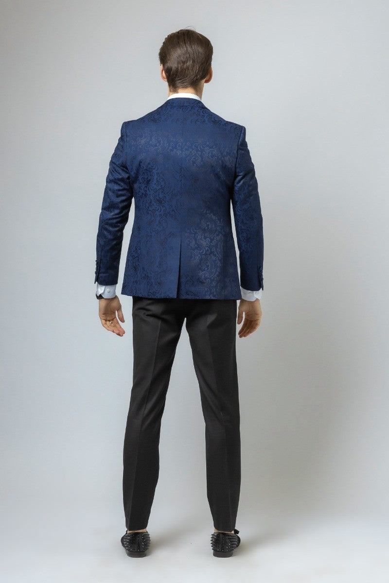 Men's Slim Fit Patterned Navy Suit - THOMAS - Navy Blue