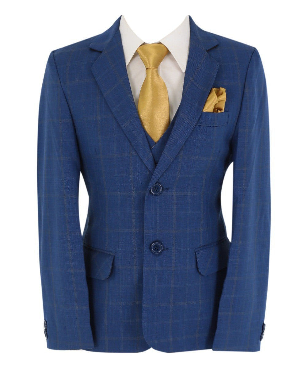 Boys Windowpane Check 6 Piece Suit Set - Navy