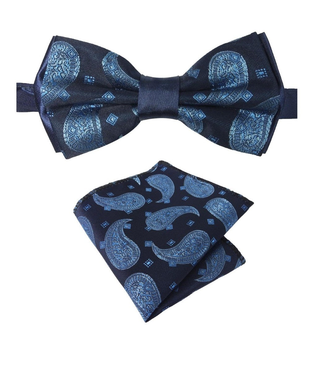 Boys & Men's Paisley Bow Tie and Hanky Set - Navy Blue