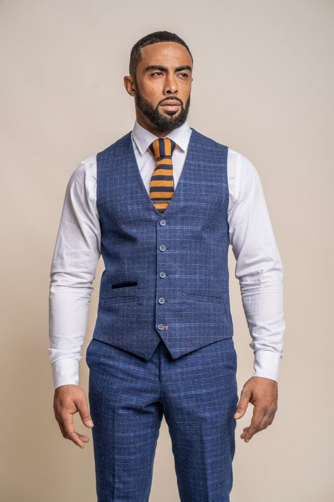 Men's Tweed Check Navy Slim Fit Suit - KAISER - Navy Blue