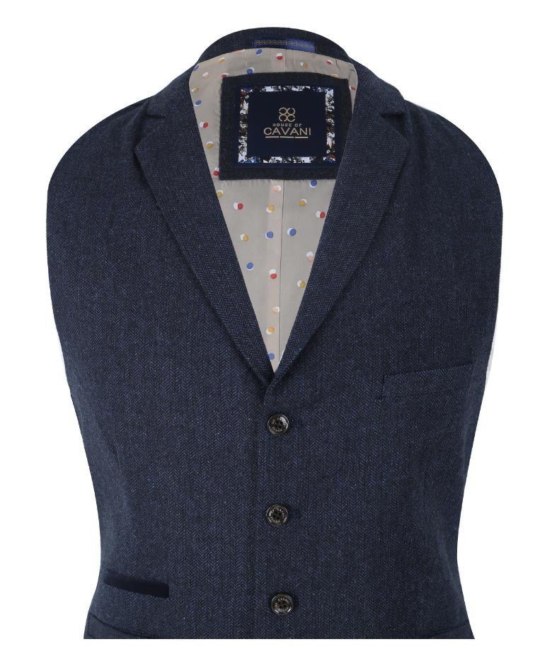 Men's Herringbone Tweed Slim Fit Waistcoat - MARTEZ - Navy Blue