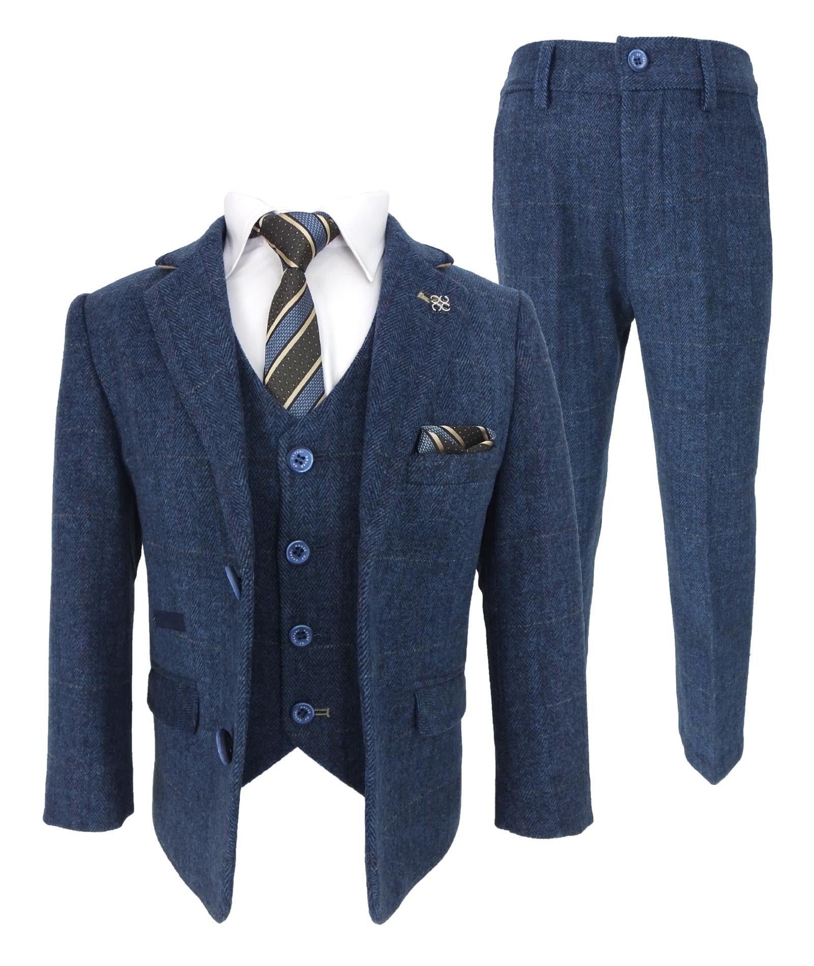 Boys Slim Fit Herringbone Tweed Blue Suit - CARNEGI - Navy Blue