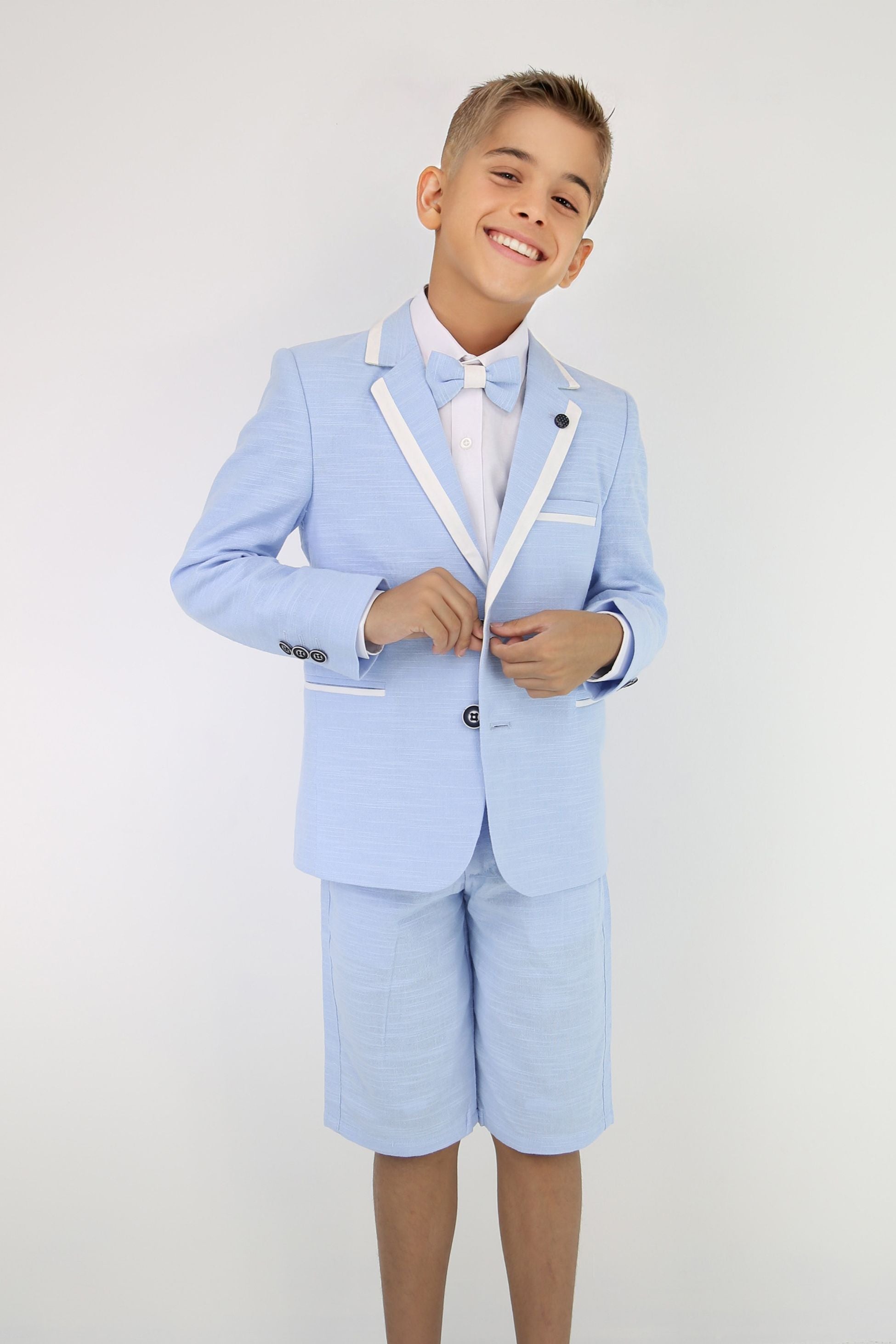 Boys Cotton Piping Sky Blue Shorts Suit - Blue