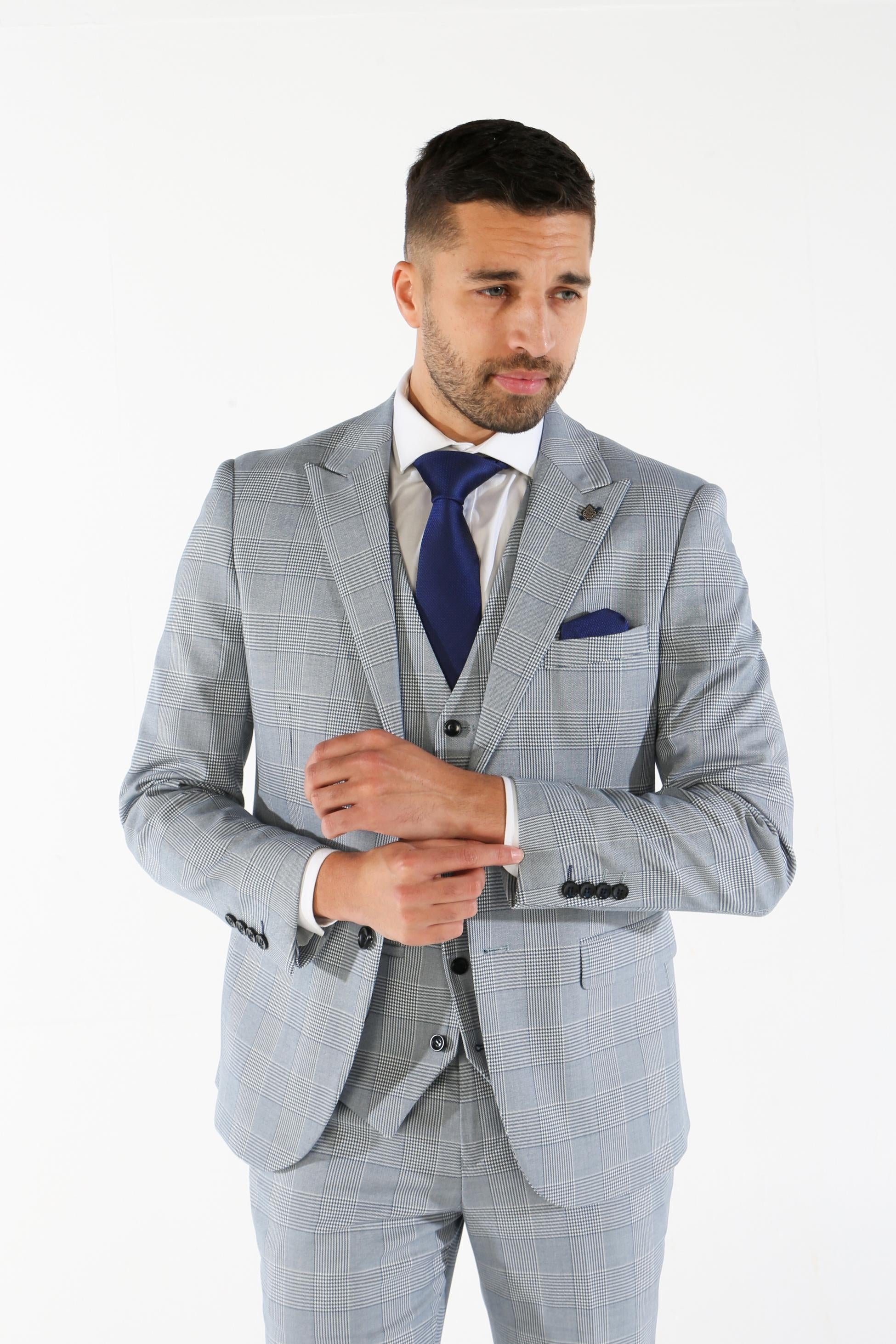 Men's Tweed Houndstooth Check Sky Blue Suit - MARK - Sky Blue