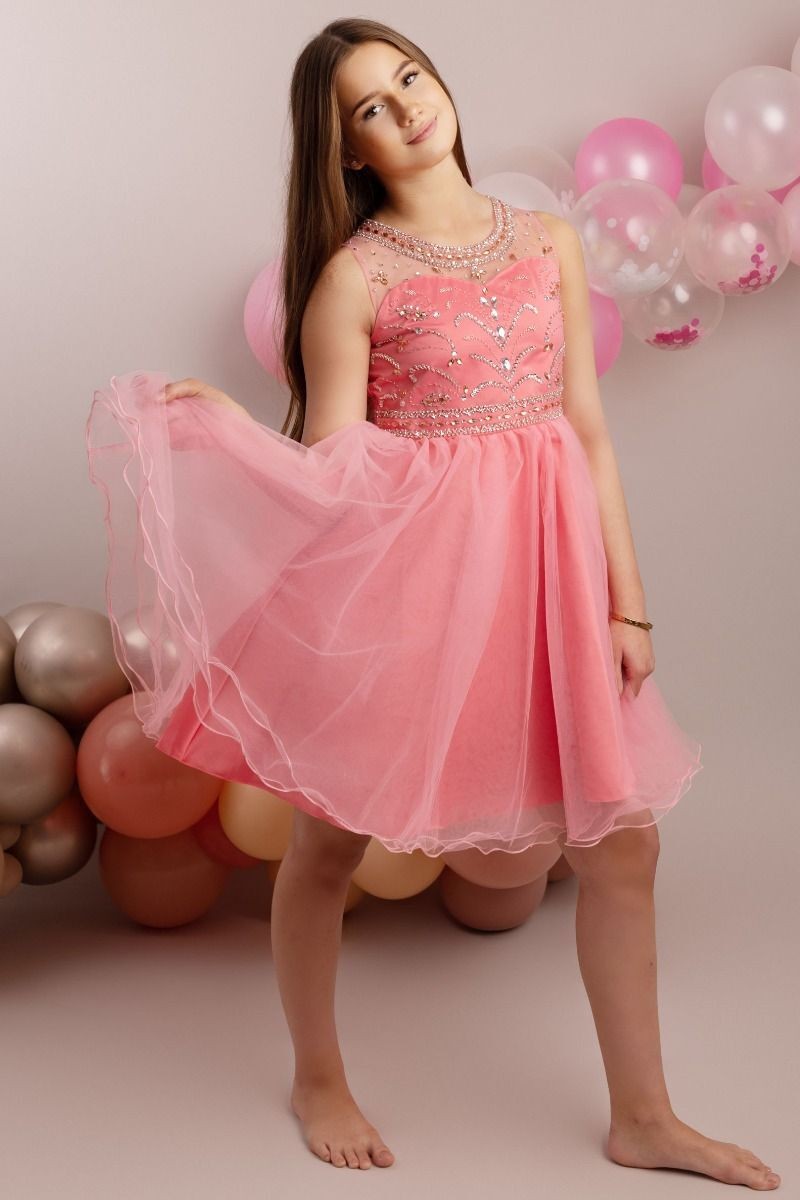 Girls Tulle Dress with Sequin Embellishments - LOLA - Coral Pink