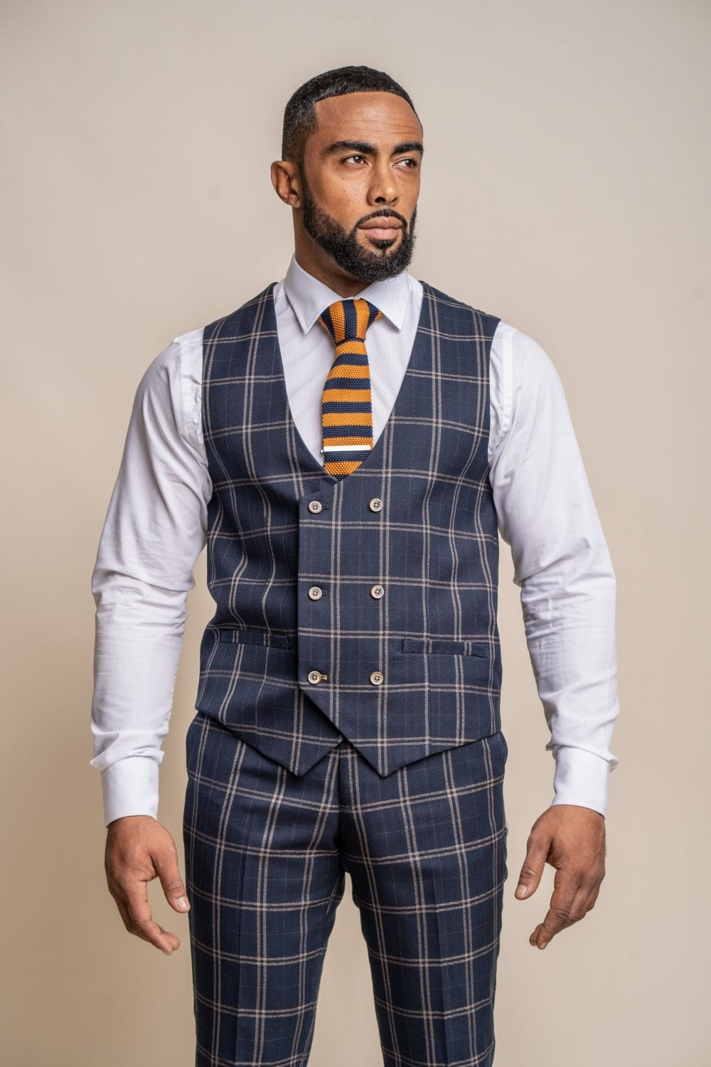 Men's Retro Check Double Breasted Waistcoat - HARDY - Navy Blue