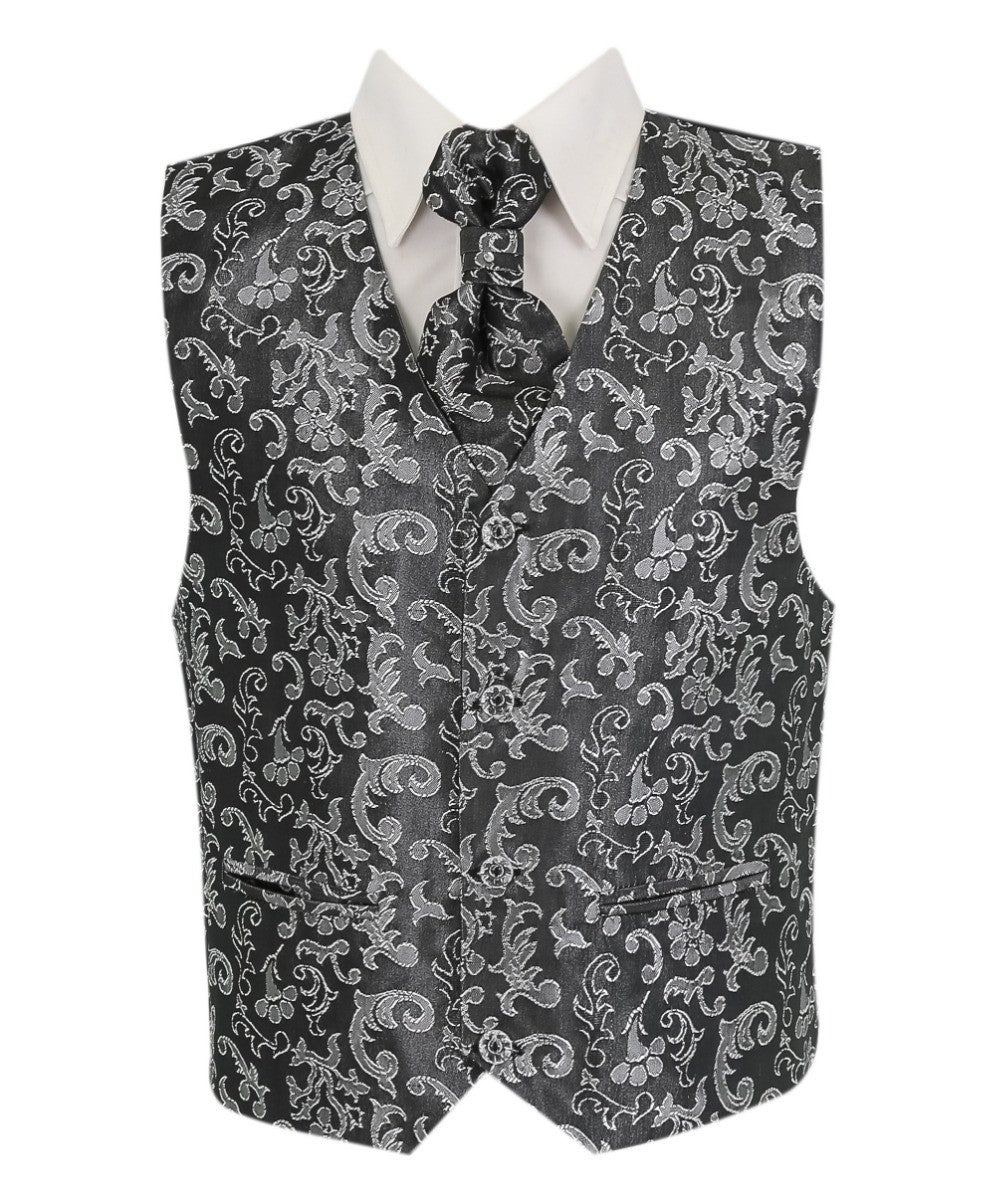 Boys Silver Shiny Paisley 4-Piece Waistcoat Suit - Silver