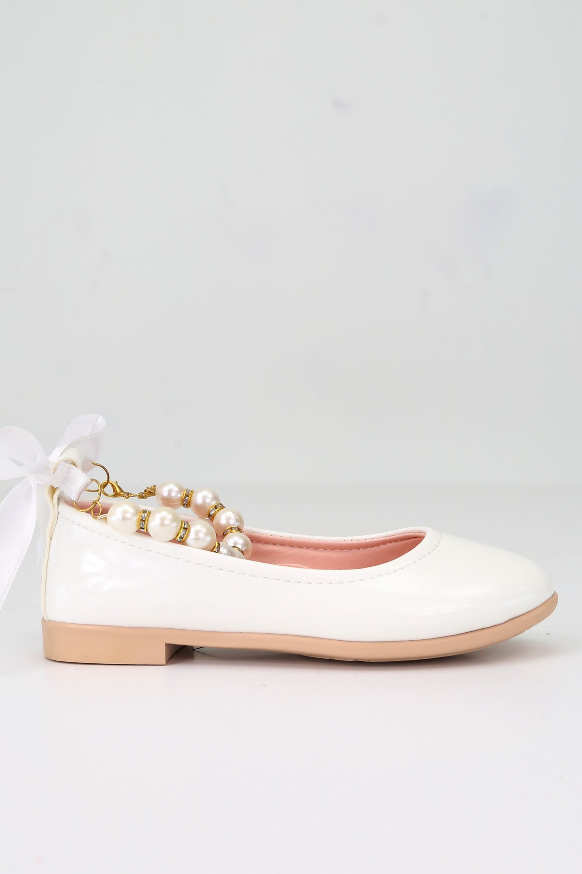 Girls Pearls & Ribbon Slip on Patent Mary Jane Shoes - TEAN - White