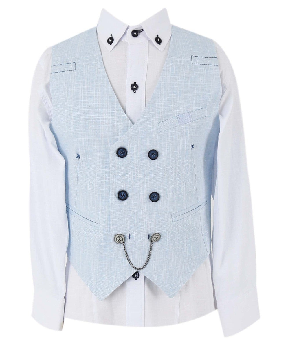 Boys Self Patterned Double-Breasted Linen Waistcoat Suit Set - Light Blue